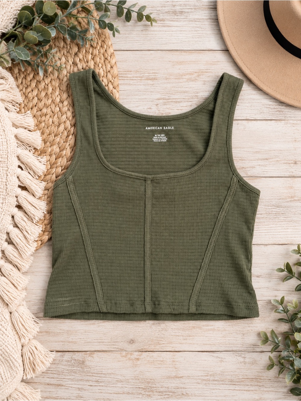 American Eagle Outfitters Olive Ribbed Cropped Tank